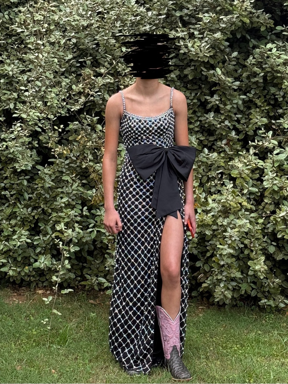 Sherri Hill Black Bead and Pearl Formal Dress with Bow 57549 - Picture 1 of 2